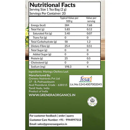 Tea | Moringa Green Tea - Caffeine Free-No Artificial Flavours, Colours, or Preservatives - Grenera - 25 Tea Bag