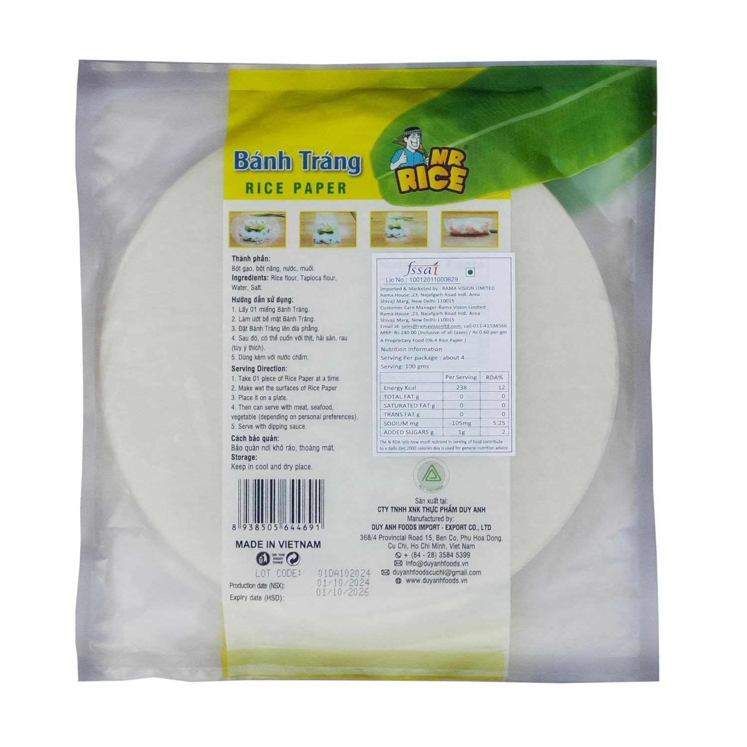 Rice Paper | Fresh Roll Rice Paper - Vietnam - No Added Preservatives - Mr Rice - 22cm (400gm)