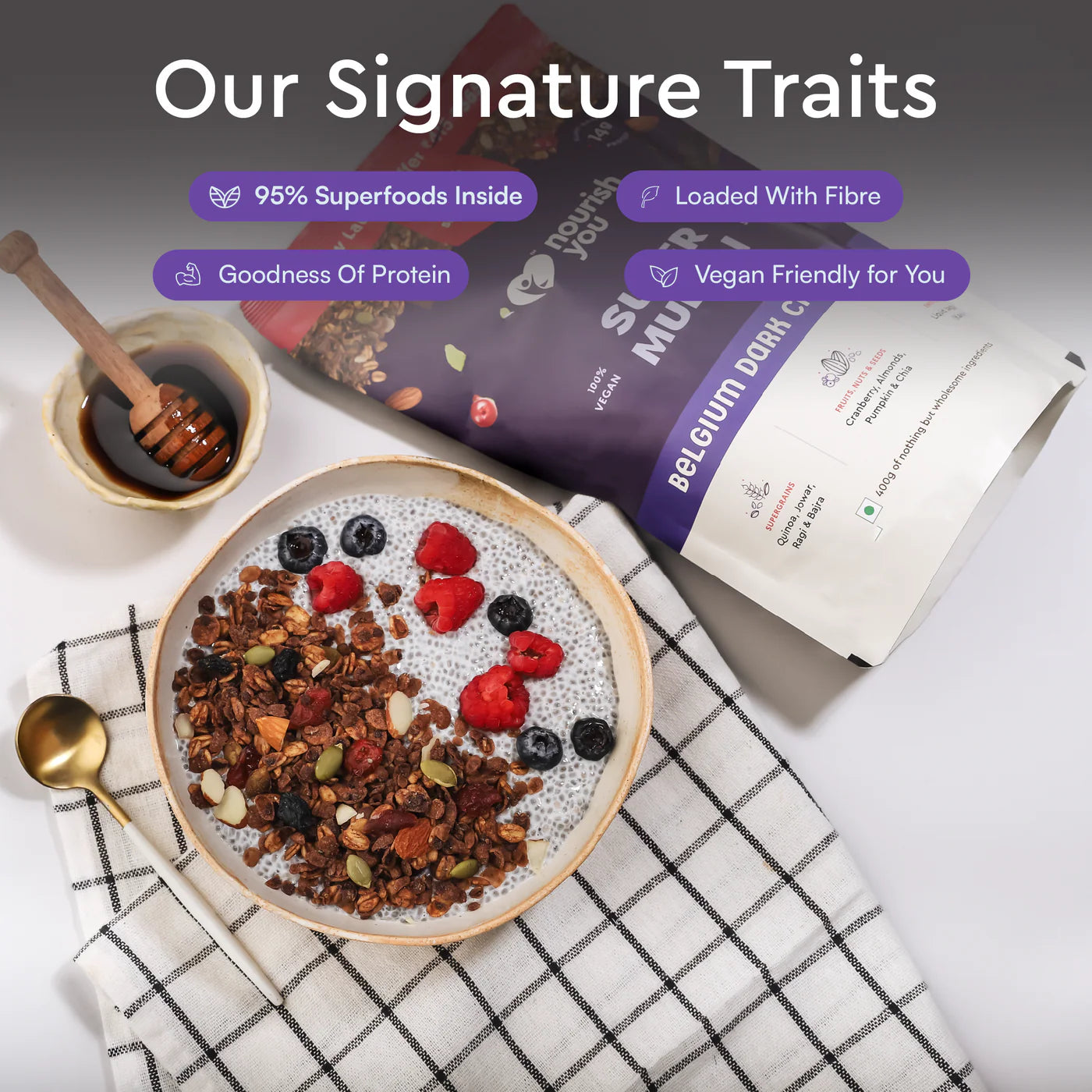 Muesli | Super muesli (Belgium Dark Chocolate) –14g Plant Based Protein - Supports Bone Health – Vegan -  No Added Preservatives &amp; No Refined Sugar – Nourish You– 400gm