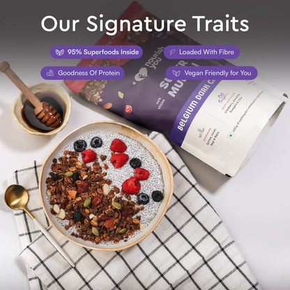 Muesli | Super muesli (Belgium Dark Chocolate) –14g Plant Based Protein - Supports Bone Health – Vegan -  No Added Preservatives &amp; No Refined Sugar – Nourish You– 400gm