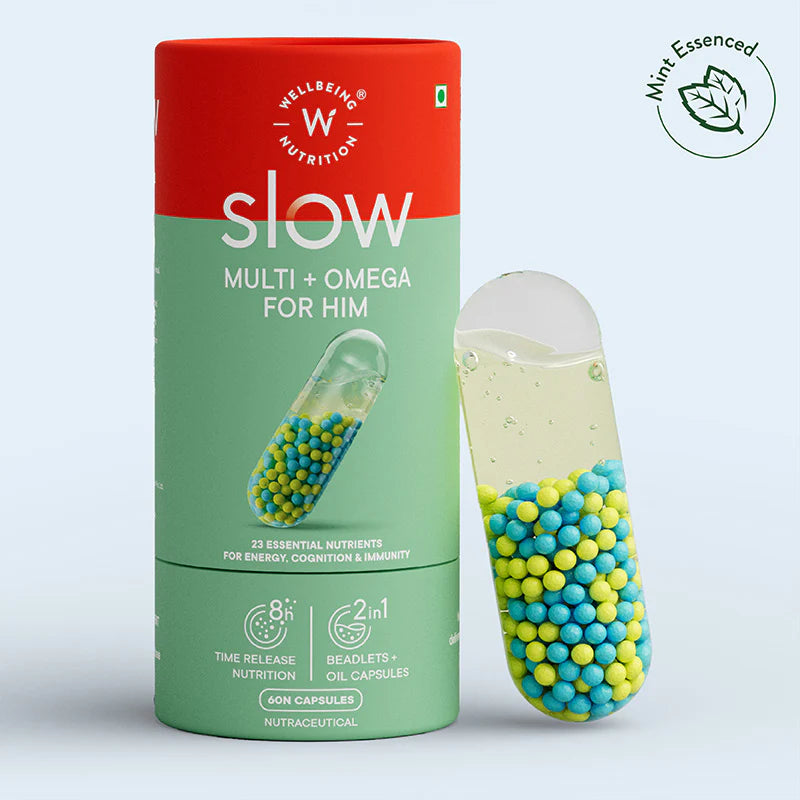 Multi + Omega For Him | Slow – Multi + Omega for Him - 22 Essential Nutrients For Energy, Cognition &amp;amp; Immunity - No Fillers, No Additives &amp; Non GMO - Wellbeing Nutrition – 60 Capsules