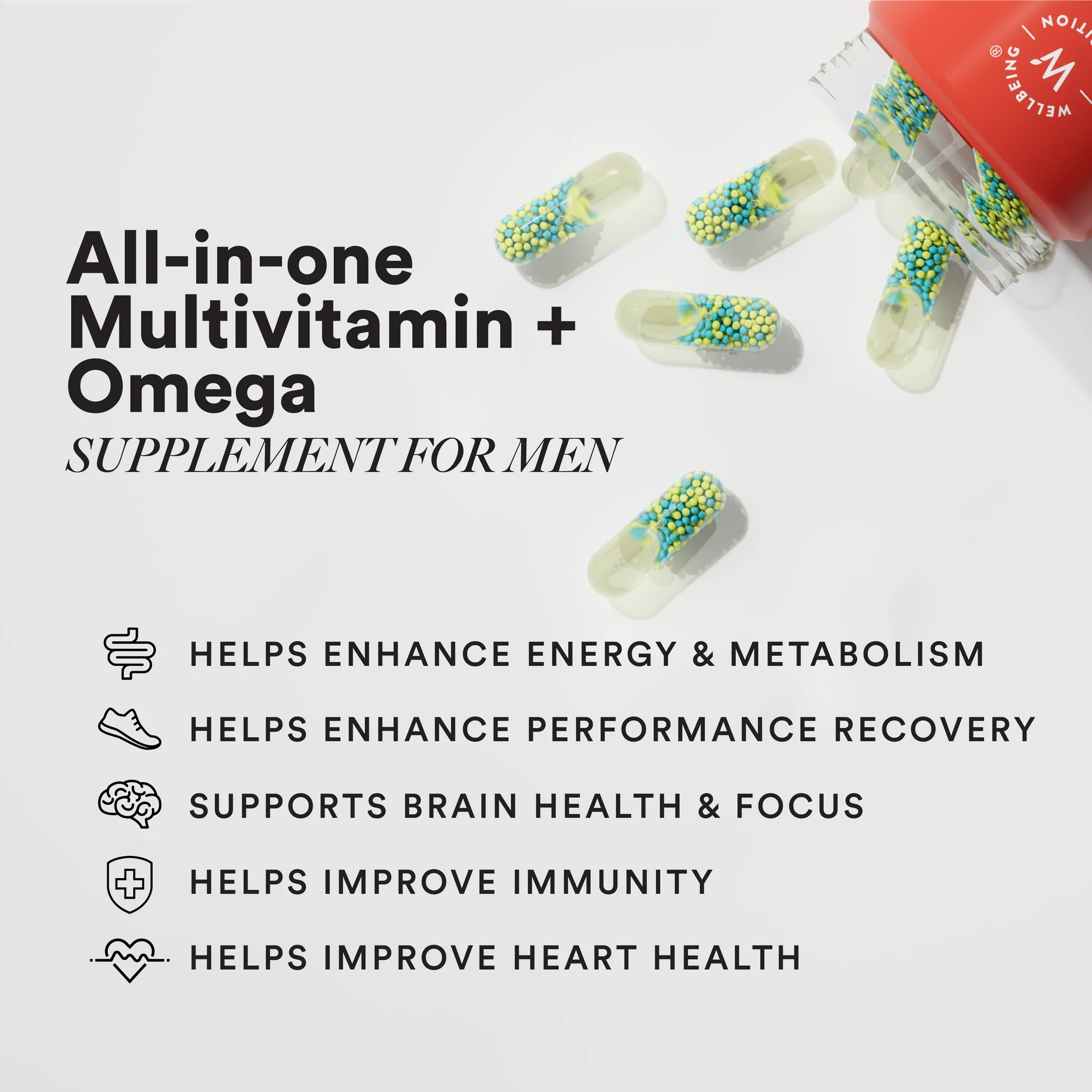 Multi + Omega For Him | Slow – Multi + Omega for Him - 22 Essential Nutrients For Energy, Cognition &amp;amp; Immunity - No Fillers, No Additives &amp; Non GMO - Wellbeing Nutrition – 60 Capsules