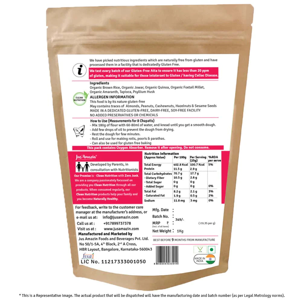 Flour | Multi Grain Goodness (Quinoa, Jowar, Foxtail Millet, Brown Rice &amp; Amaranth) – Perfect For Rotis, Pooris &amp; Baking – Stays Soft Upto 6 Hours – Natural – Vegan, Gluten Free, Soy Free, Wheat Free, Dairy Free &amp; Lactose Free – Jus’ Amazin – 1000gm
