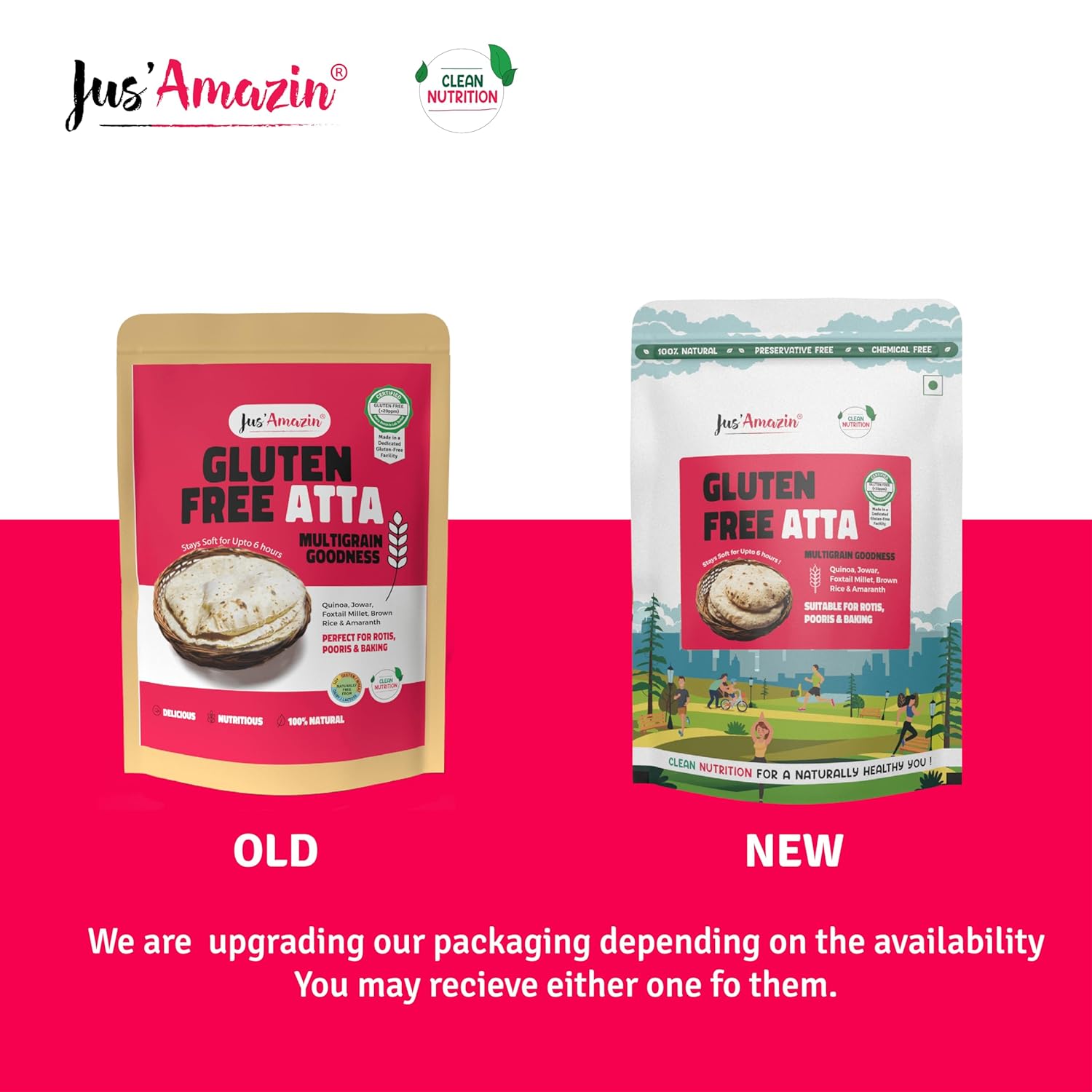 Flour | Multi Grain Goodness (Quinoa, Jowar, Foxtail Millet, Brown Rice &amp; Amaranth) – Perfect For Rotis, Pooris &amp; Baking – Stays Soft Upto 6 Hours – Natural – Vegan, Gluten Free, Soy Free, Wheat Free, Dairy Free &amp; Lactose Free – Jus’ Amazin – 1000gm