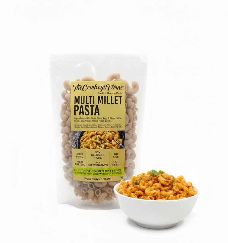 Pasta | Multi Millet Pasta- High Protein, Fibre- No Msg, Low Glycemic Index &amp; Preservatives Free – The Cow Boys Farm – 180gm