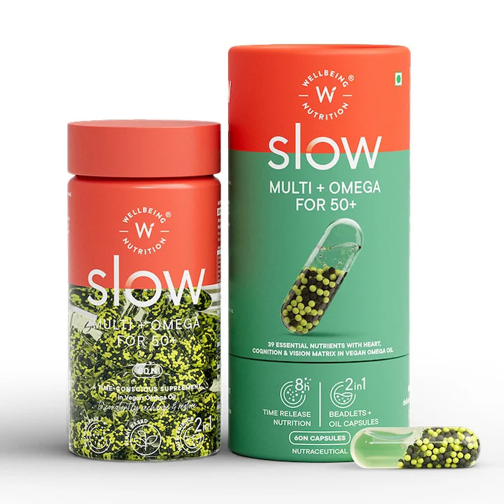 Multi + Omega 50+ |  Slow - 39 Essential Nutrients With Heart, Cognition &amp; Vision Matrix In Vegan Omeag Oil - Non GMO, No Fillers Or No Additives - Wellbeing Nutrition - 60 Capsules