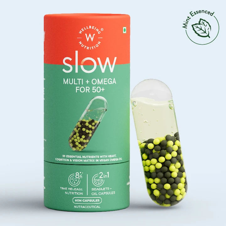 Multi + Omega 50+ |  Slow - 39 Essential Nutrients With Heart, Cognition &amp; Vision Matrix In Vegan Omeag Oil - Non GMO, No Fillers Or No Additives - Wellbeing Nutrition - 60 Capsules
