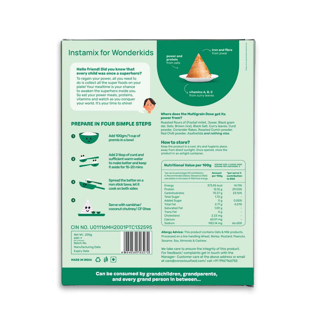 Multigrain Dosa | (With Oats &amp; Brown Rice) - Age 2+ - Natural - Vegan &amp; No Preservatives - Conscious Food - 200gm