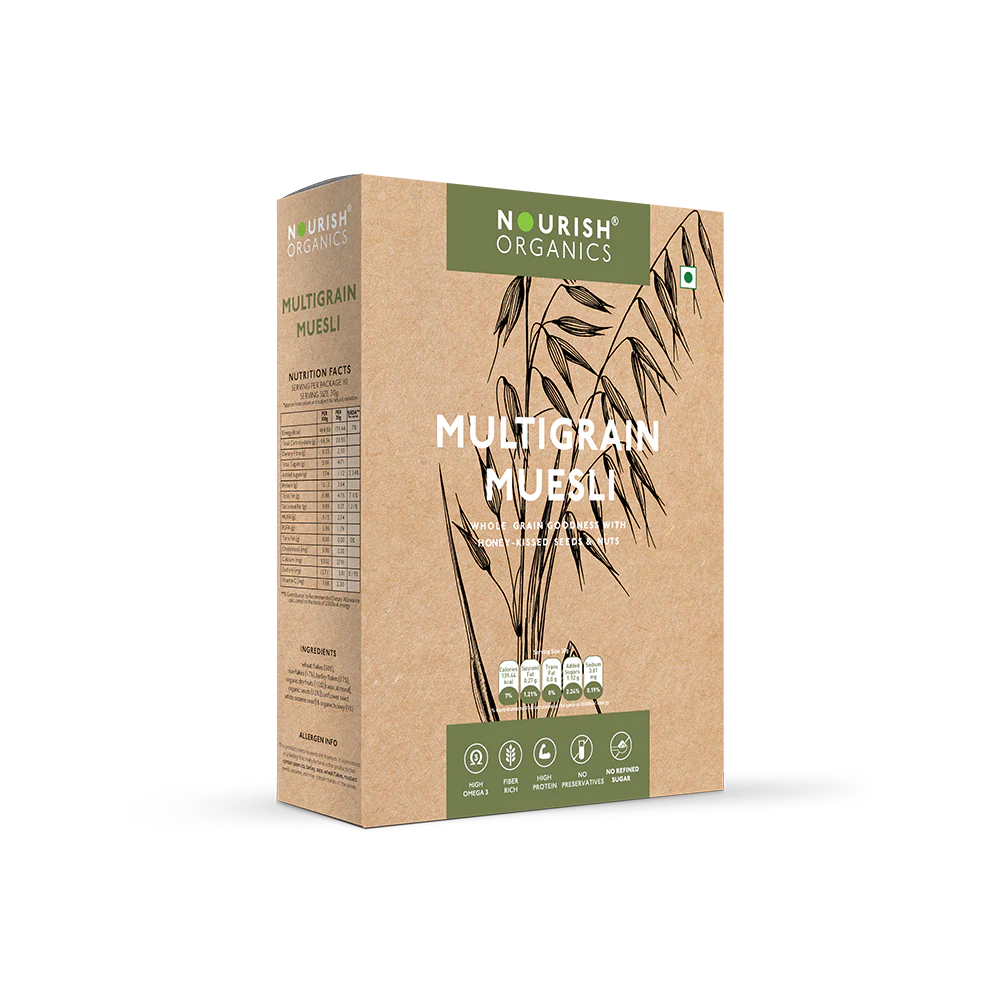Multigrain Muesli - No Added Sugar, High Protein, Rich In Fiber, Low Calorie, Lactose Free & Fat Free - Nourish Organics - 300gm