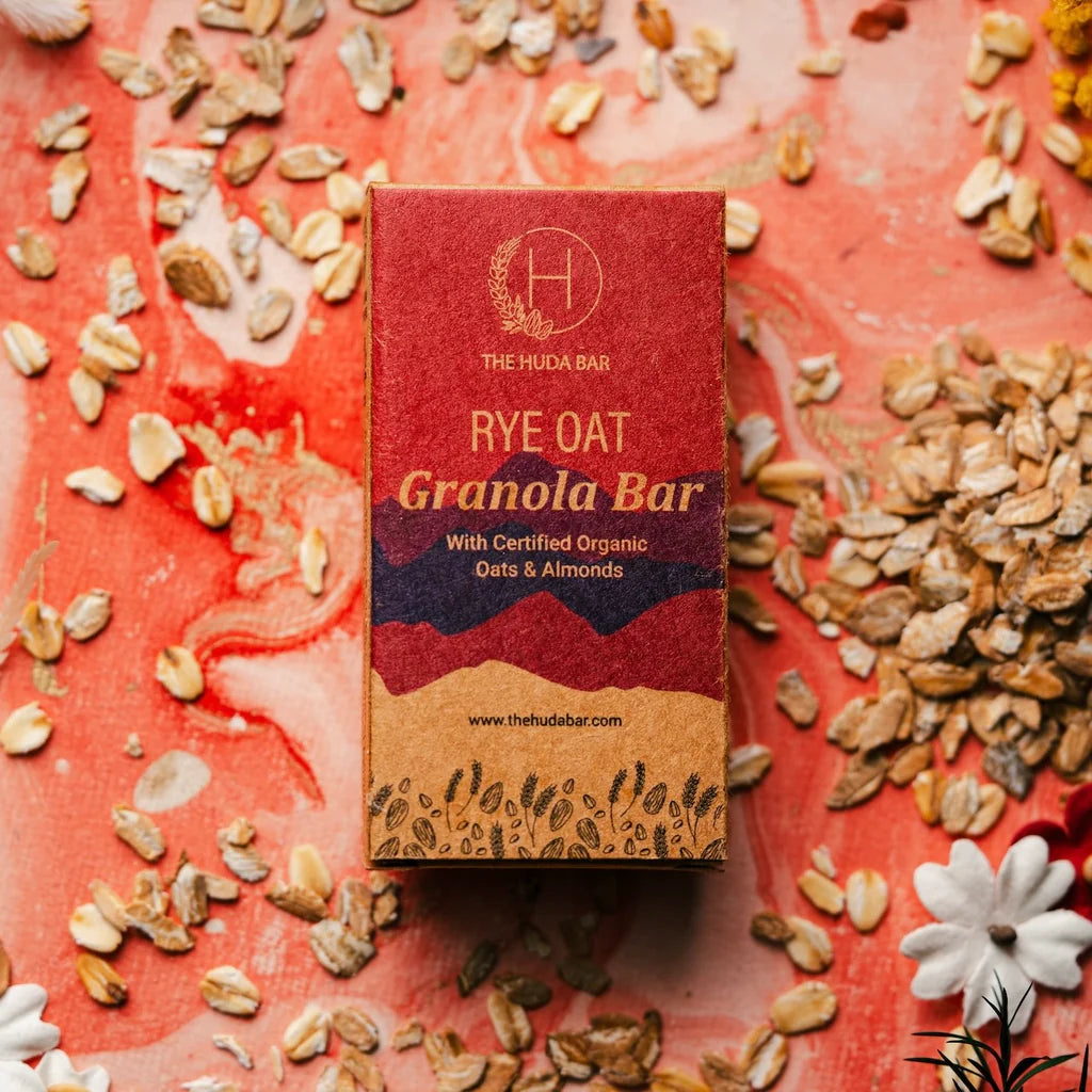 Bar | Rye Oat - Granola Bar (With Certified Organic Oats &amp; Almonds) - Vegan, Gluten Free &amp; No Added Additives - The Huda Bar - 45gm