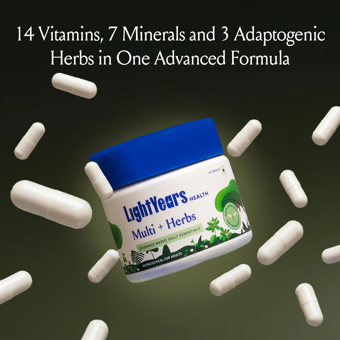 Multi + Herbs | Evidence-Based Daily Essentials-Boosts Energy, Supports Immunity, Strengthens Bones &amp; Joints-Vegan - Clinically Proven Ingredients-Zero Gram Sugar, No Artificial Sweeteners -Light Years Health - 20 Capsules