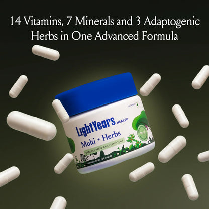Multi + Herbs | Evidence-Based Daily Essentials-Boosts Energy, Supports Immunity, Strengthens Bones &amp; Joints-Vegan - Clinically Proven Ingredients-Zero Gram Sugar, No Artificial Sweeteners -Light Years Health - 20 Capsules