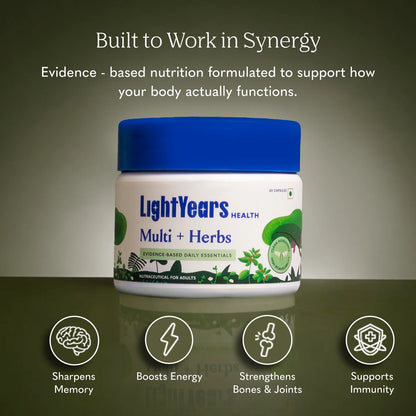 Multi + Herbs | Evidence-Based Daily Essentials-Boosts Energy, Supports Immunity, Strengthens Bones &amp; Joints-Vegan - Clinically Proven Ingredients-Zero Gram Sugar, No Artificial Sweeteners -Light Years Health - 20 Capsules