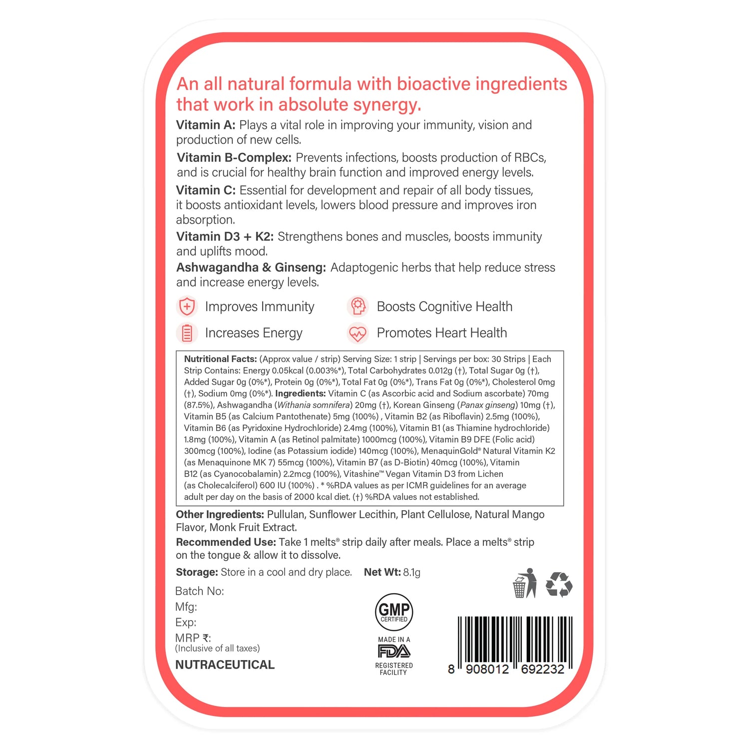 Melts Into Multivitamins (100% RDA) - Divine Alphanso Mango - Natural – Vegan &amp;amp; Zero Sugar &amp;amp; Non Gmo – Wellbeing Nutrition – 30 Strips