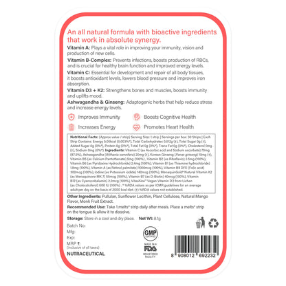 Melts Into Multivitamins (100% RDA) - Divine Alphanso Mango - Natural – Vegan &amp;amp; Zero Sugar &amp;amp; Non Gmo – Wellbeing Nutrition – 30 Strips