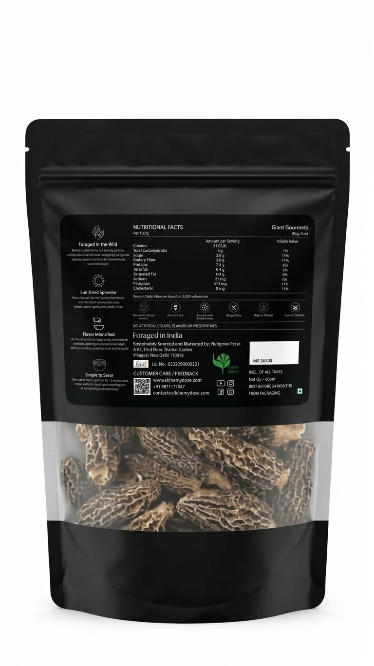 Mushroom | Morel Mushroom (Wild) - Giant Gourmets – Ideal For Soup, Omelettes And Garnishes – Suitable For Preservation – Gluten Free, High In Protein And Fiber &amp;amp; Enriched With Antioxidants – Alchemy Dose – 60gm