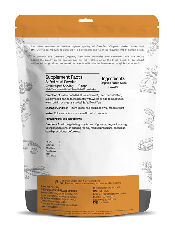 Musli Powder l Safed (Chlorophytum borivilianum ) - USDA Organic - Just Jaivik - 100gm