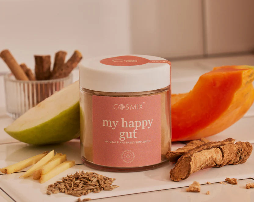 My Happy Gut | Bloating - Indigestion - Overall Gut Health - Natural Plant Based Supplement  – No Added Artificial Flavors &amp;amp; No Added Colour – Cosmix – 60gm
