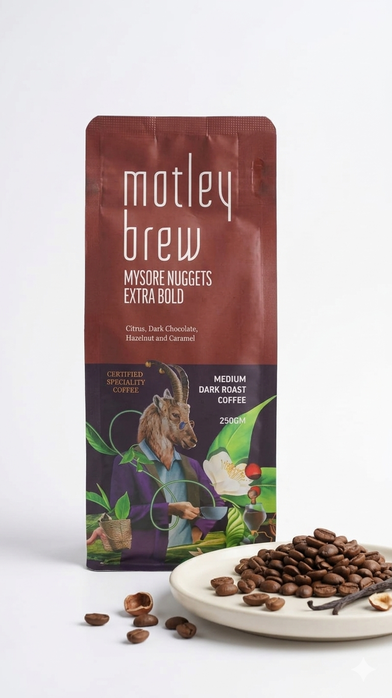 Coffee | Mysore Nuggets Extra Bold - Citrus, Dark Chocolate- Medium Dark Roast Coffee - Low Caffeine, Single Estate- Motley Brew– 250gm