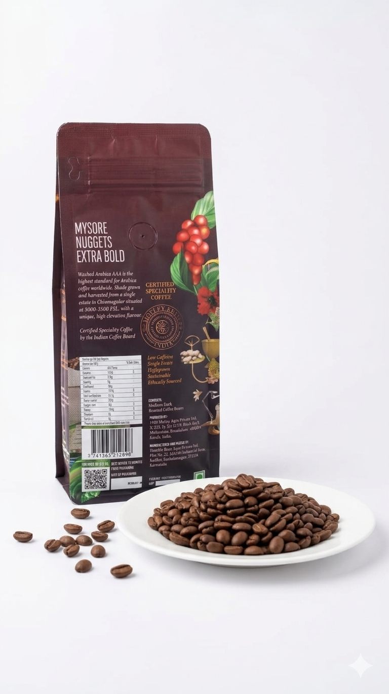 Coffee | Mysore Nuggets Extra Bold - Citrus, Dark Chocolate- Medium Dark Roast Coffee - Low Caffeine, Single Estate- Motley Brew– 250gm