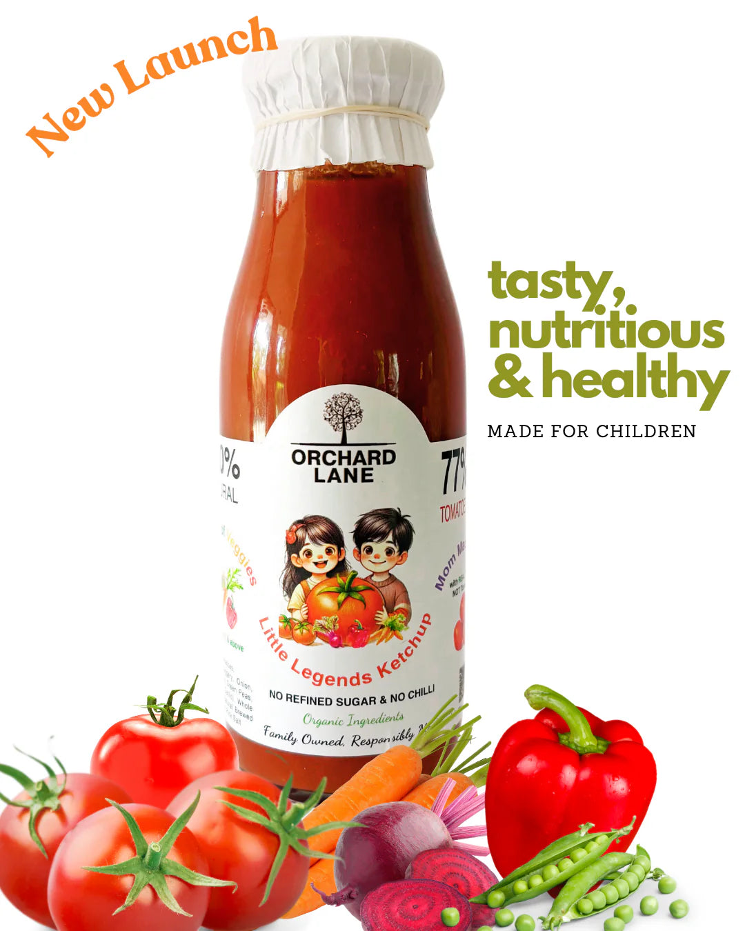 Ketchup| Little Legends Kids Ketchup-Delicious sauce packed with Tomatoes and Veggies- No Refined sugar or Preservatives- Orchard Lane - 350gm