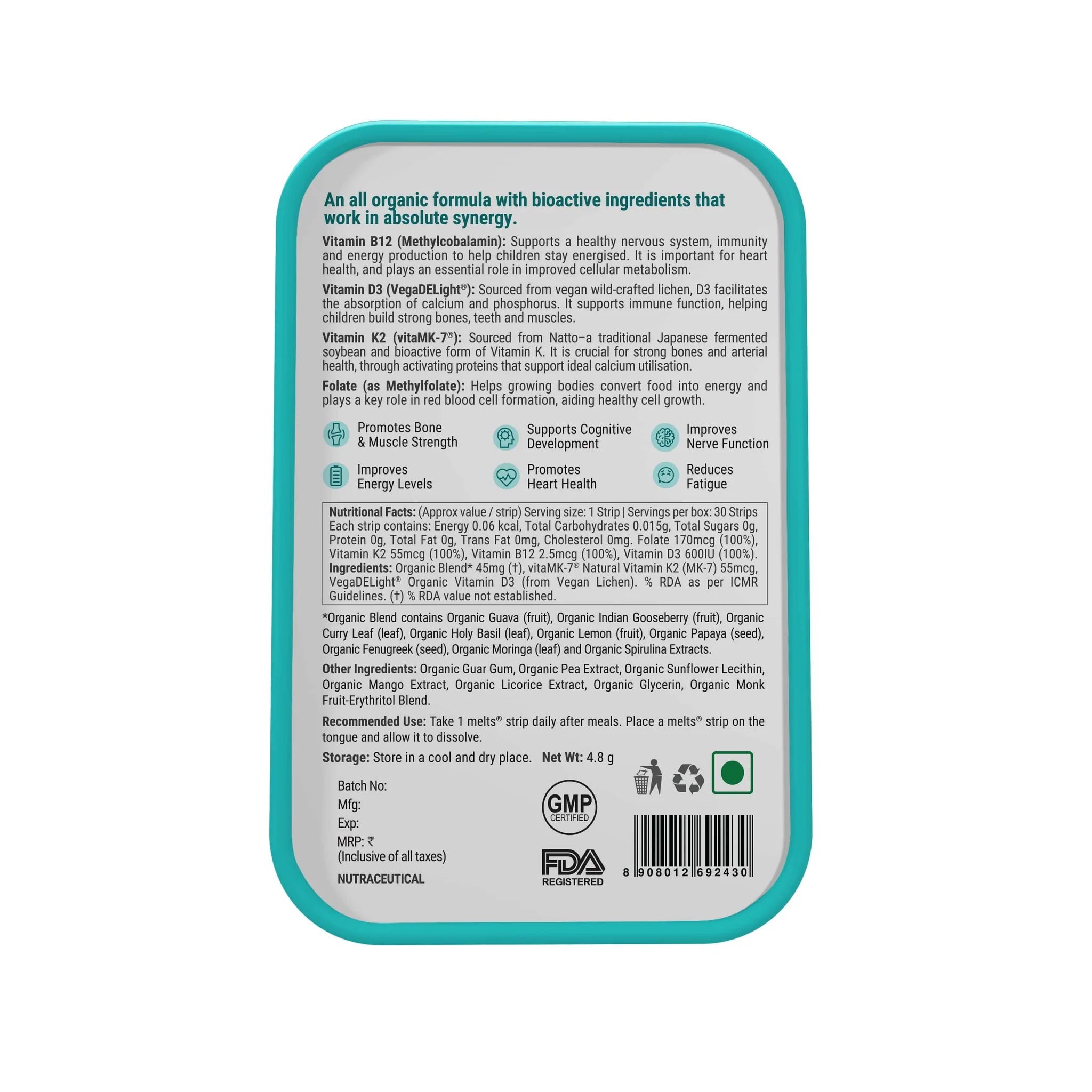 Natural B12+ D3 |  Disney - (Exotic Mango) - Melts For Kids - Age +6 – USDA Organic – Vegan, Gluten Free &amp;amp; Zero Sugar – Wellbeing Nutrition – 30 Strips