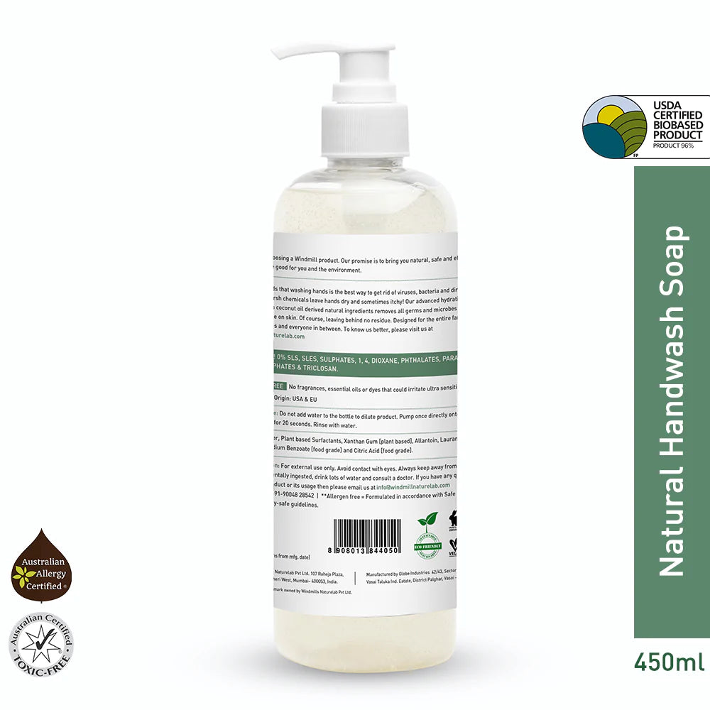 Natural Handwash Soap Fragrance Free – Natural - Vegan &amp;amp; Cruelty Free - Windmill Baby – 450ml