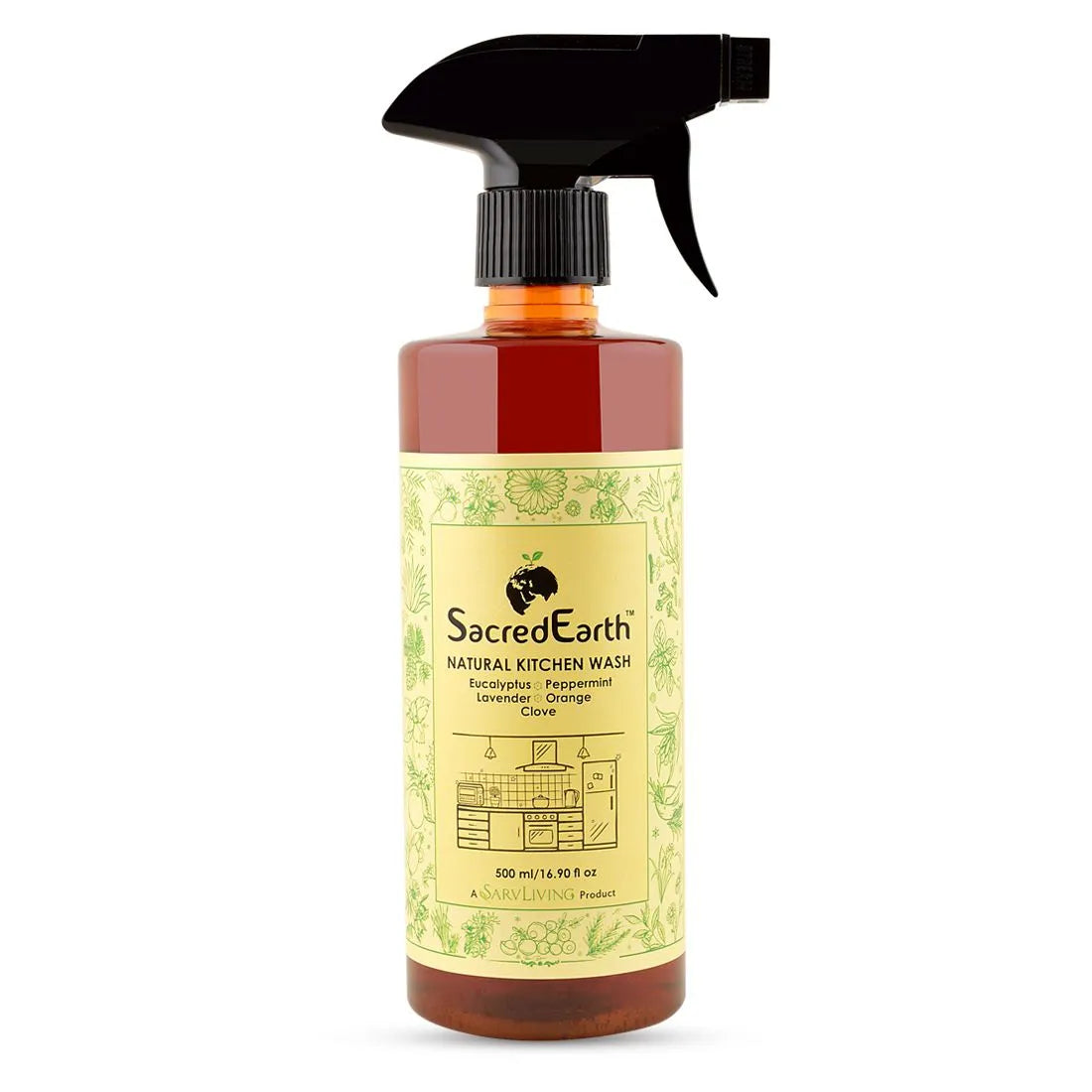 Kitchen Cleaner | (Made From Orange, Lemon, Clove, Eucalyptus And Peppermint) - Natural - Biodegradable, Chemical Free &amp; Non Toxic - Sacred Earth - 500ml