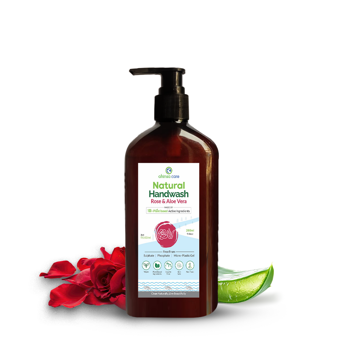 Hand Wash | Natural Handwash Rose And Aloe Vera - No Artificial Ingredients & Parabens Free - Ahinsa Care - 280ml