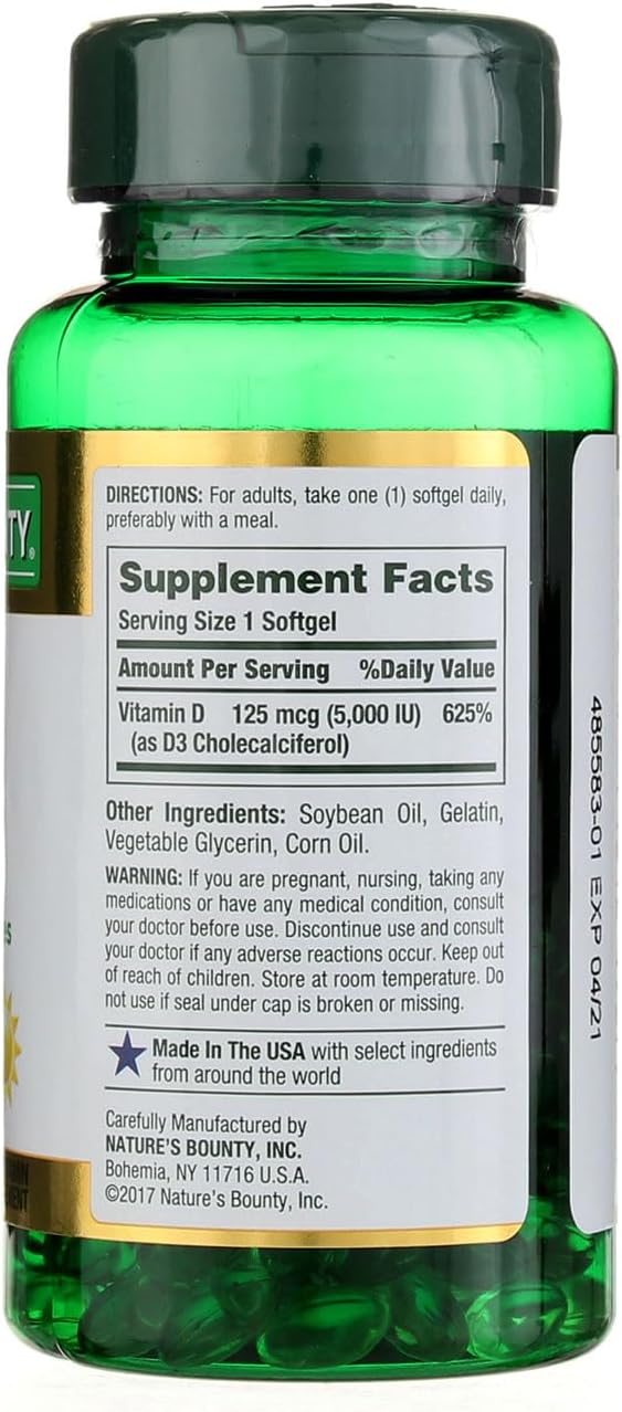 Vitamin D3 | 125mg (5000 IU) - Immune Health - Gluten Free, No Artificial Flavor, Sugar Free, Dairy Free, No Soy &amp; Sodium Free - Nature&