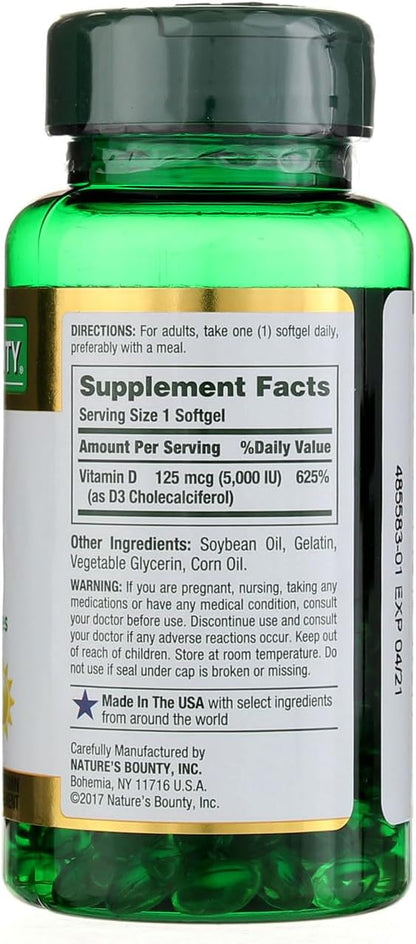 Vitamin D3 | 125mg (5000 IU) - Immune Health - Gluten Free, No Artificial Flavor, Sugar Free, Dairy Free, No Soy &amp; Sodium Free - Nature&