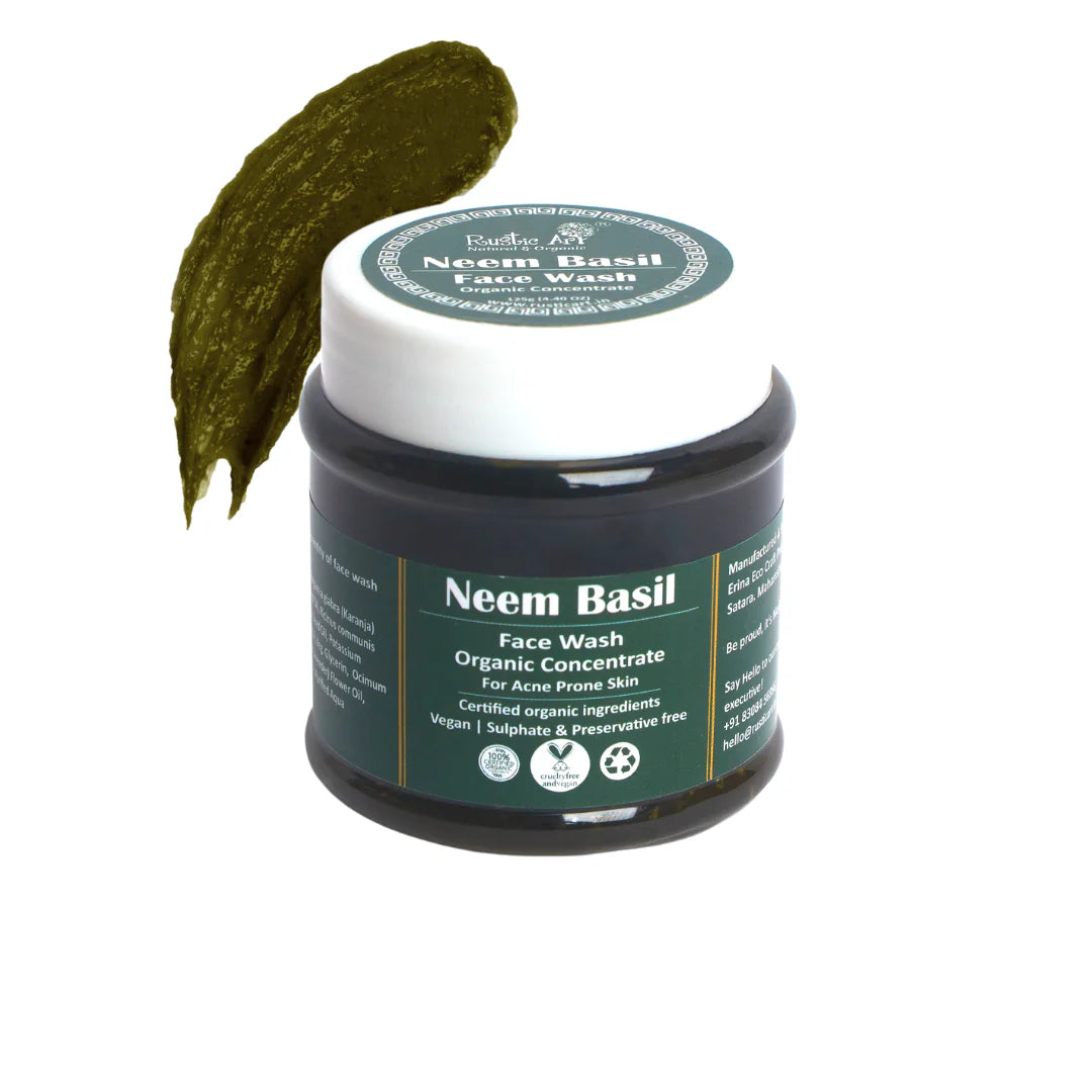 Face Wash | Neem Basil (Concentrate) – For Acne Prone Skin – Vegan, Sulphate Free & Preservative Free – Rustic Art – 125gm