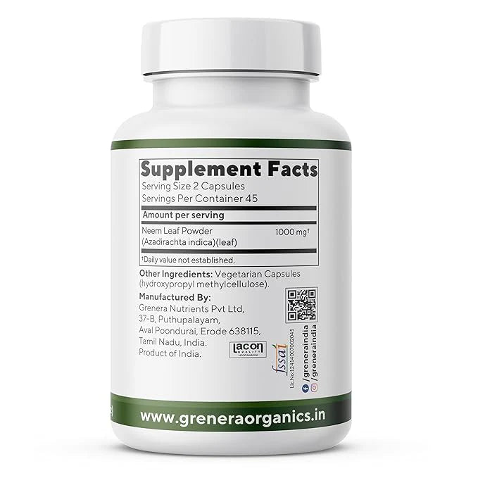 Capsules | Neem Capsules (500mg per Capsules) - Vegan, Gluten Free, Non Gmo, Preservatives Free &amp;amp; No Additives - Grenera – 90 Capsules