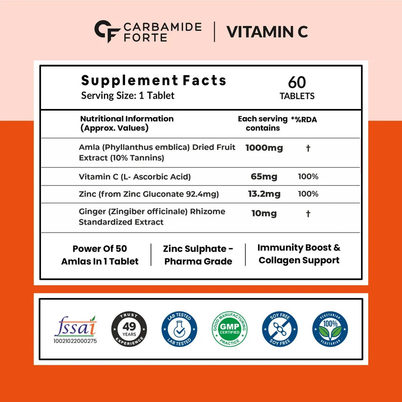 Natural Vitamin C from Amla with Zinc (1000 mg + Zinc )- Support Healthy Skin &amp; Immunity - Carbamide Forte -60 Tablets