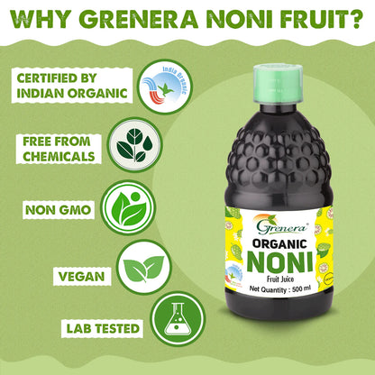 Noni Juice| Organic Noni Fruit Juice -Vegan, Non GMO - No Added Sugar, Flavors, or Preservatives- Grenera 500ml
