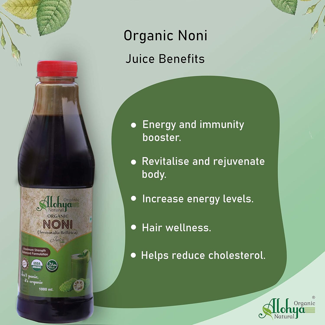 Noni Juice | (Terminalia Bellirica) – USDA Organic – No added Sugar, Color, Vitamins & Minerals – Alohya Organic -1000ml