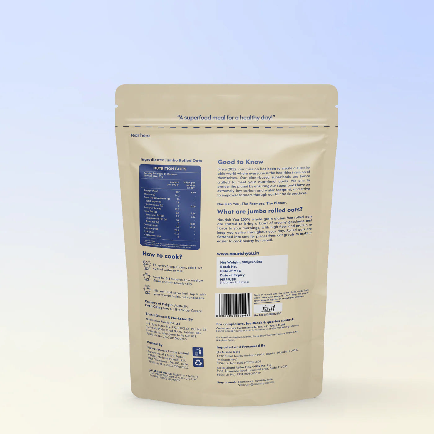 Oats | Jumbo rolled oats - High In Fiber And Protein - Vegan &amp; Gluten Free - Nourish You - 500gm