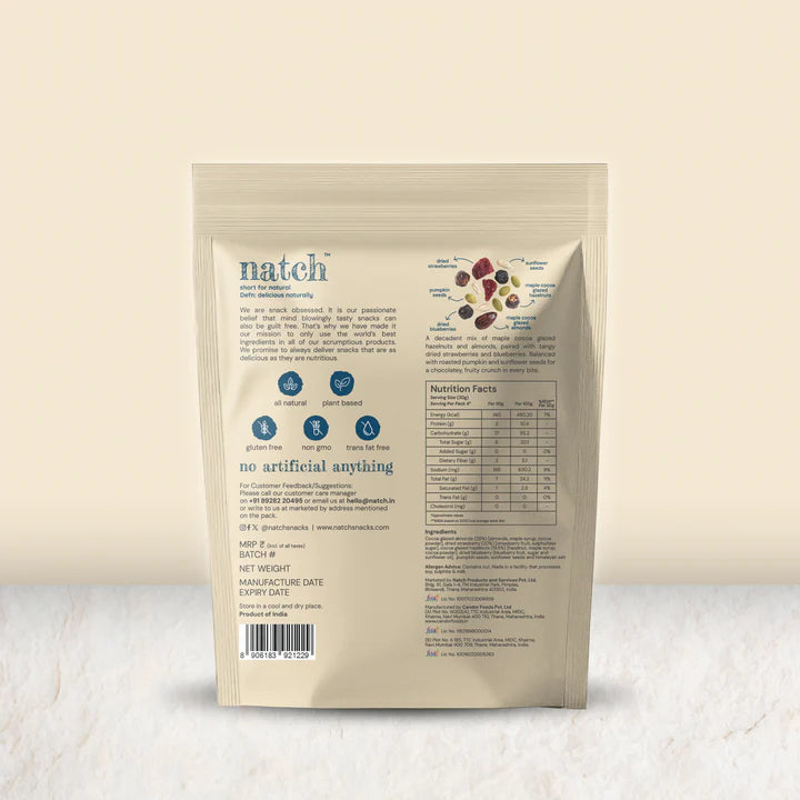 Nut Mix | Maple Cocoa Glazed Nut Mix (Hazelnuts, Almonds, Dried Strawberry, Dried Blueberry, Pumpkin &amp; Sunflower Seeds)- All Natural, Plant Based – Vegan, Gluten Free,- Non GMO &amp; No Added Artificial Flavor – natch – 120gm