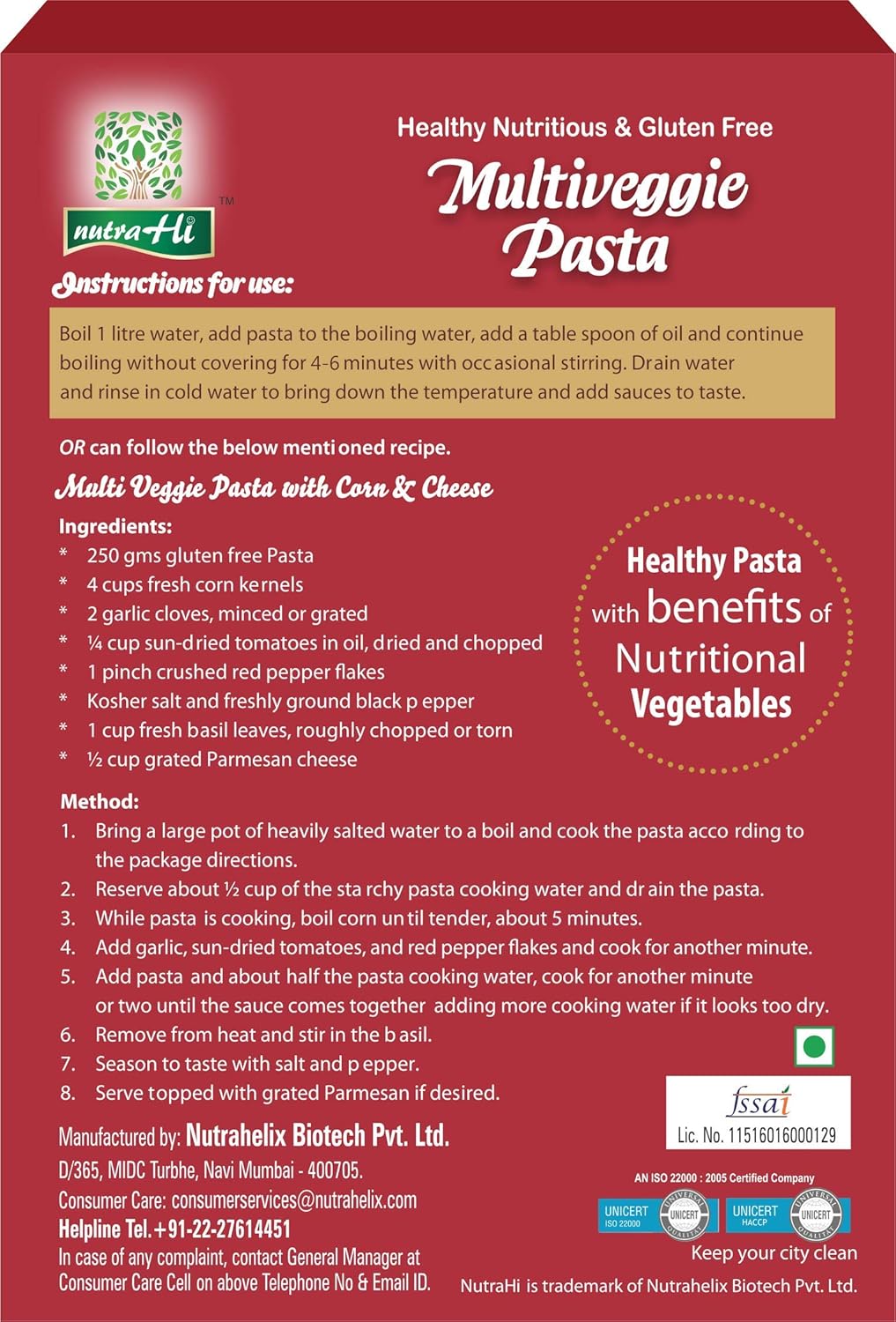 Pasta | Multi Veggie Pasta - Vegan, Gluten Free, No Maida, No Wheat, No Added Color, Flavours &amp; Preservatives Free - NutraHi -  250gm