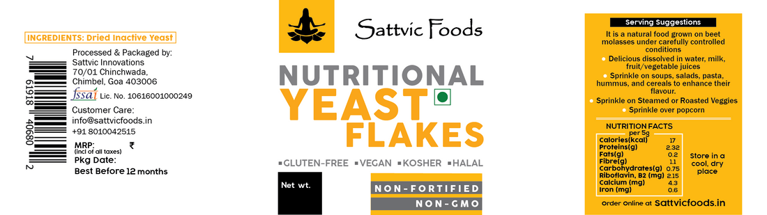 Nutritional Yeast Flakes - Natural - Indian - Vegan, Gluten Free, Rich In Protein, Rich In Fiber, Rich In Vitamin B, Non Fortified, Non GMO, Kosher &amp;amp; Halal - Sattvic Food - 60gm