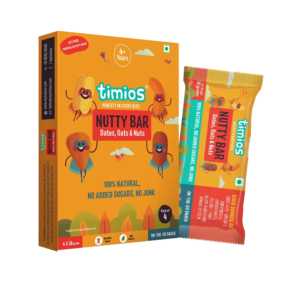 Nutty Bar | (Dates, Oats & Nuts) - Natural - No Added Sugar - (Pack Of 4) - Timios - 120gm