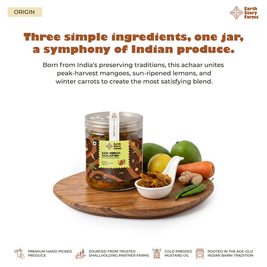 Pickle | Aam, Nimboo, Gaajar  Mixed Pickle- 100% Vegan - Preservative Free - Earth Story Farms- 200gm