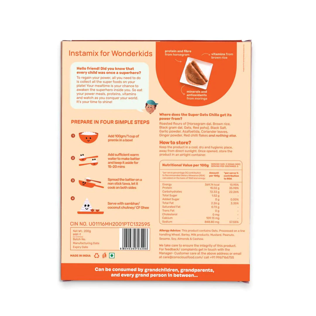 Oats Chilla | Super (With Brown Rice &amp; Red Poha) - Age 2 + - Natural - Preservatives Free &amp; Rich In Antioxidant - Conscious Food - 200gm