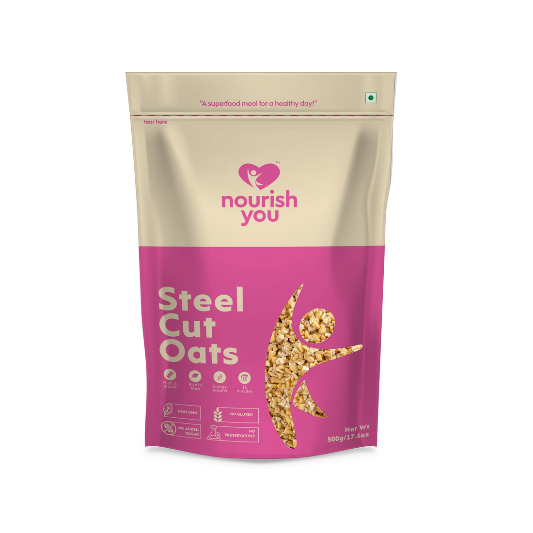 Oats | Steel Cut - 100% Wholegrains - Natural - Gluten Free, Soy Free, Non Gmo, High In Protein, Rich In Fibre, No Added Sugar & Preservatives - Nourish You - 500gm