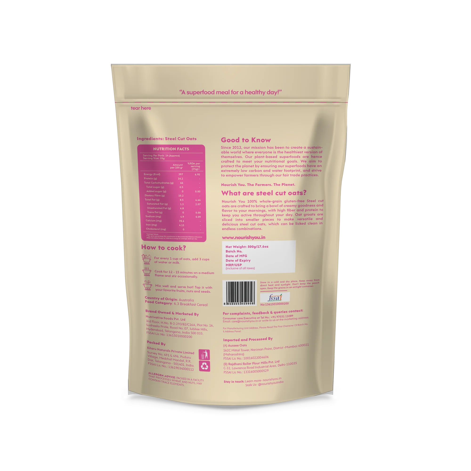 Oats | Steel Cut - 100% Wholegrains - Natural - Gluten Free, Soy Free, Non Gmo, High In Protein, Rich In Fibre, No Added Sugar &amp;amp; Preservatives - Nourish You - 500gm