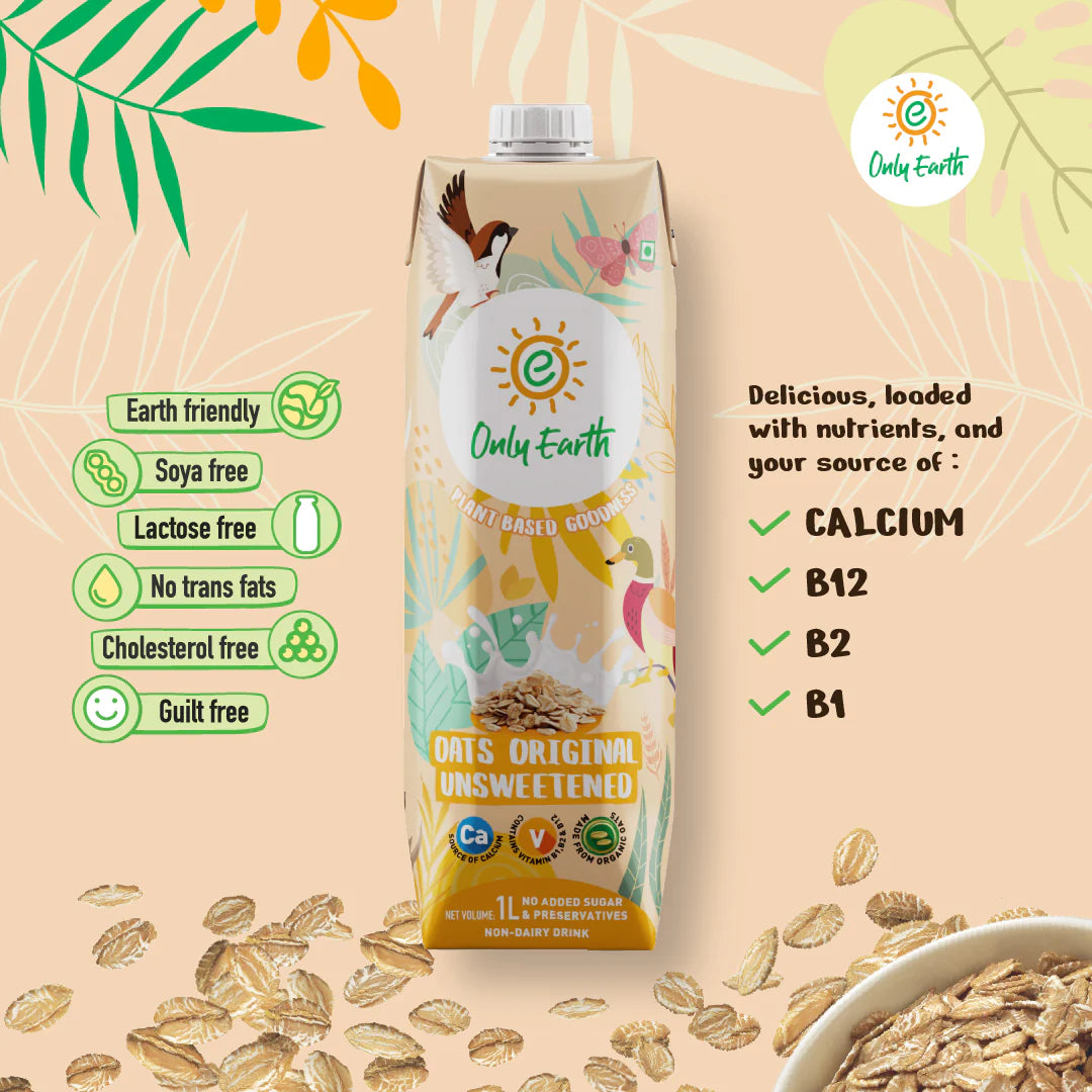 Oats Milk | Unsweetened Oats Milk – Original – Vegan, Soy Free, Dairy Free, Lactose Free, No Trans Fat &amp;amp; Cholesterol Free – Only Earth – (Pack Of 12) - 1000ml