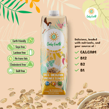 Oats Milk | Unsweetened Oats Milk – Original – Vegan, Soy Free, Dairy Free, Lactose Free, No Trans Fat &amp;amp; Cholesterol Free – Only Earth – (Pack Of 12) - 1000ml