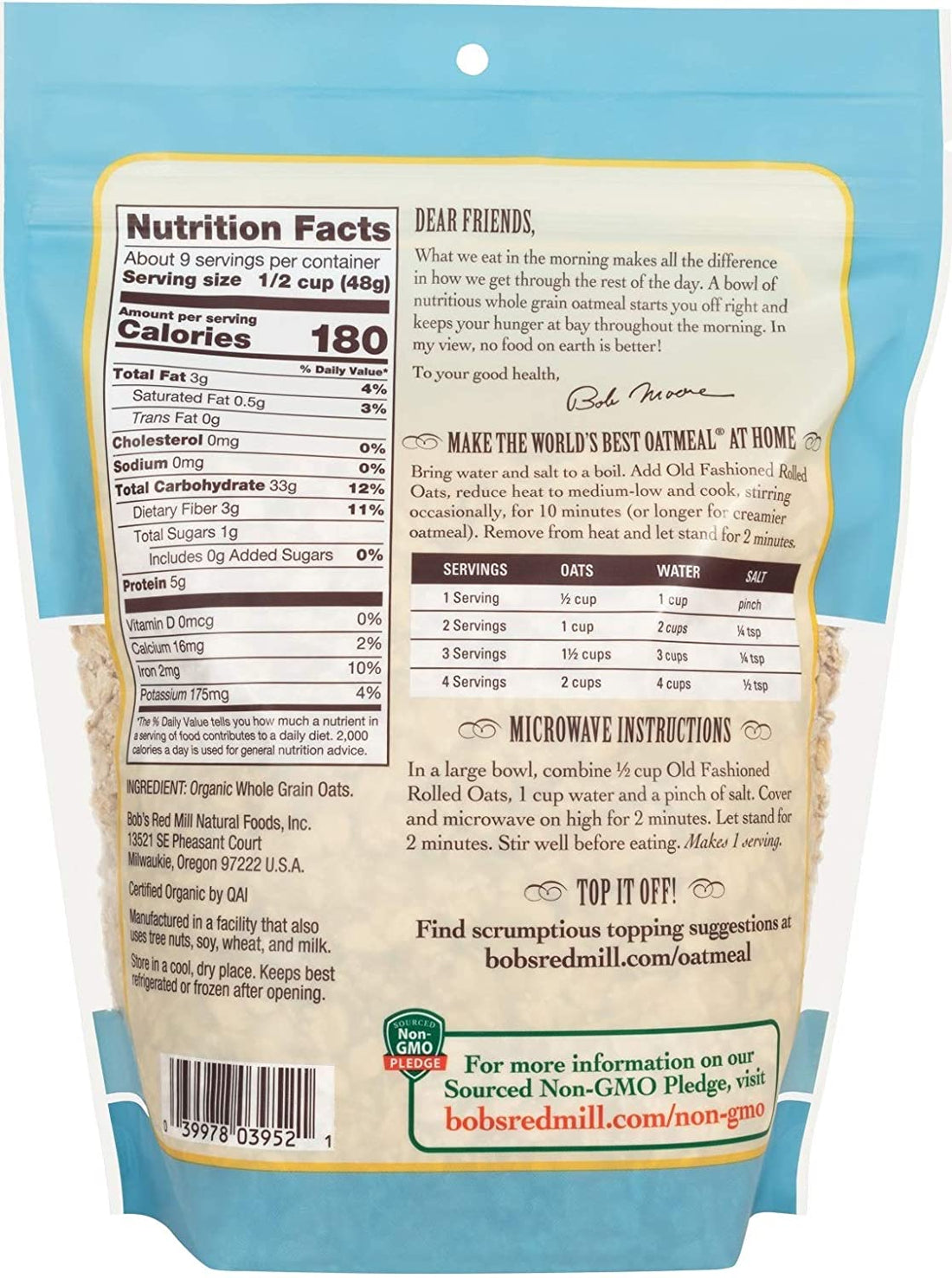 Old Fashioned Whole Grain Rolled Oats – Vegan & Gluten Free - Bob’s Red Mill – 907gm