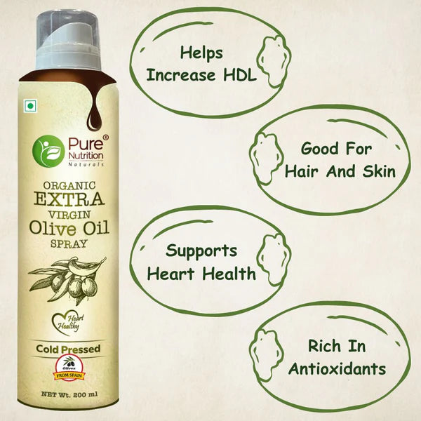 Olive Oil Spray | Extra Virgin Olive Oil Spray – Ideal for Dressing, Baking, Air Frying - Good For Skin, Hair &amp;amp; Massage - Organic – Cold Pressed – Pure Nutrition – 200ml