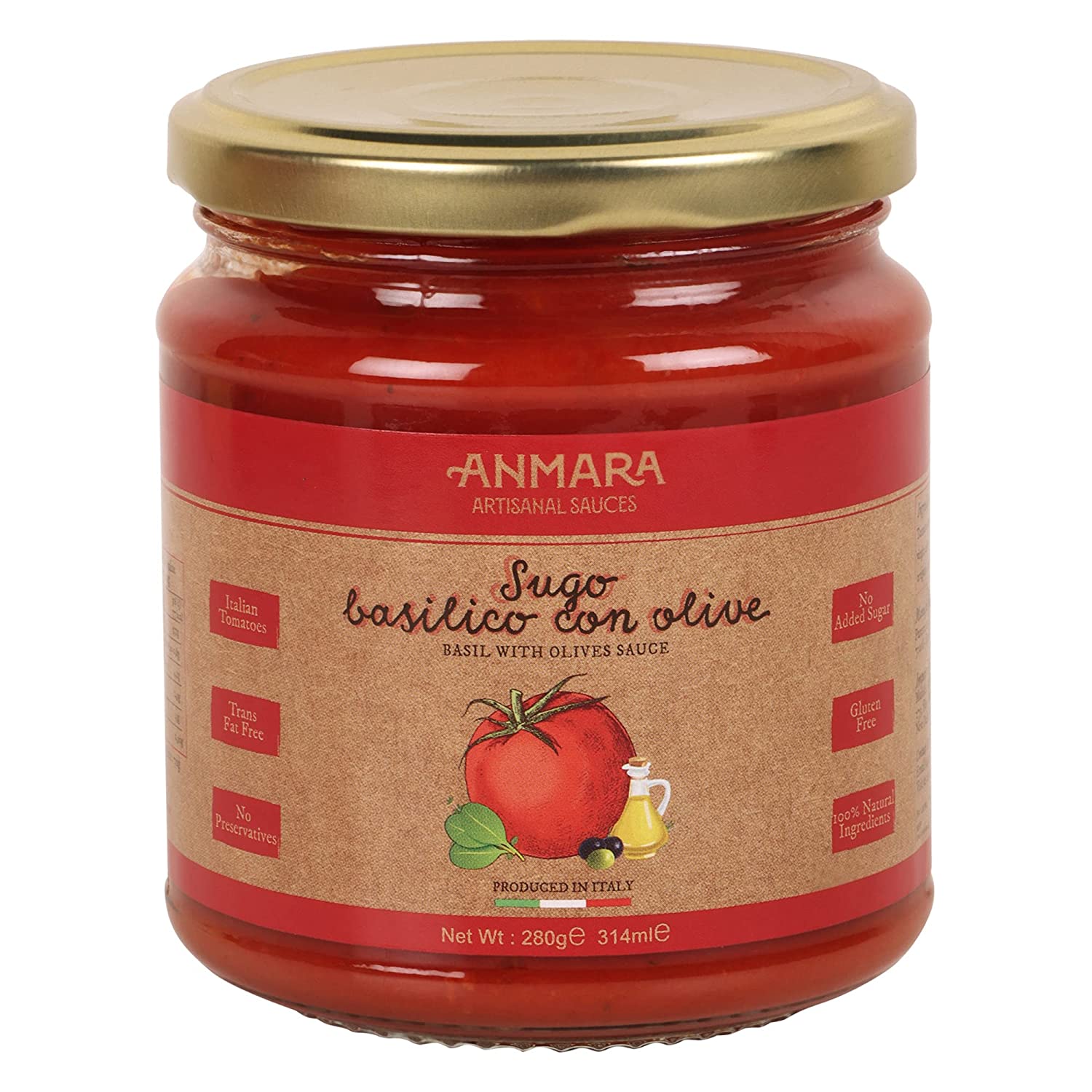 Olive &amp; Basil Sauce – Natural - Italy - Gluten Free, No Added Sugar &amp; Fat Free - Anmara – 280gm